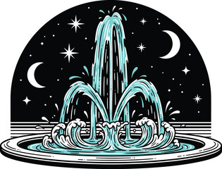 Elegant Fountain Flowing at Night under Crescent Moon and Stars: Artistic Illustration for Meditation, Relaxation, and Spiritual Wellness in Water Feature Design, with Modern Aesthetic 