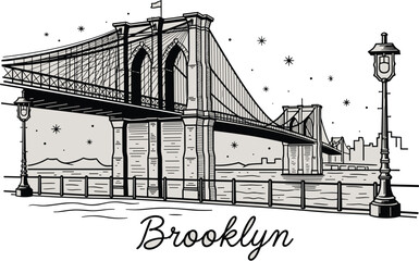 Brooklyn Bridge Illustration in New York City, USA: A Classic Urban Landmark with Architectural Detail and Suspension Cables, Ideal for Travel, Tourism, and Cityscape Designs, Evoking Nostalgia