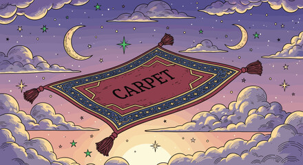 Magical Carpet Flying Through a Starry Night Sky with Clouds and Crescent Moons, Representing Fantasy, Travel, and Adventure, Ideal for Storytelling, Children's Illustrations, Arabian Nights
