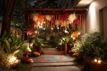 Illuminated Welcome at Night: Traditional Entrance Decor with Toran, Marigold Strings, Bilingual Board, Rangoli, and Warm Lamp Pools