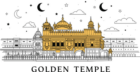 Golden Temple Silhouette Illustration at Night in Amritsar India, a Sacred Sikh Gurdwara Reflecting Spirituality and Heritage with Stars and Crescent Moons for Travel, Tourism and Culture