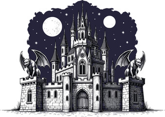 Majestic Gothic Castle Silhouette Under Moonlight with Guardian Gargoyles, Fantasy Fortress Towering Over the Landscape, a Symbol of Medieval Architecture, Protecting Ancient Realms