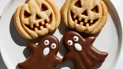 Delightful Halloween treats featuring tasty pumpkin and ghost shaped cookies for a spooky dessert display