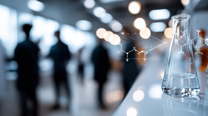 Defocused image of modern university lab filled with holographic diagrams and silhouettes of students in discussion, with copy space.