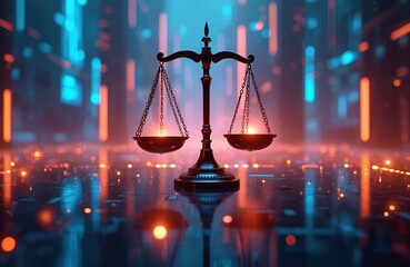 A set of scales of justice sits in a glowing cyber space. The digital background features blue and orange lights. Abstract lines and shapes suggest a futuristic network environment.