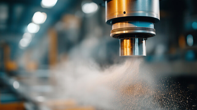 Softly defocused view of an industrial vacuum system capturing airborne dust, blurred background emphasizing cleanliness, with copy space.