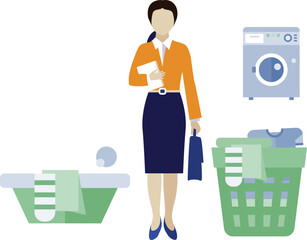 Woman with cloth basket and doing laundry