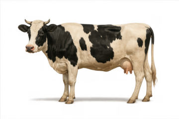 Dairy cow standing, showing udder, black and white spots, farm animal for milk production, transparent background