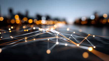 Abstract defocused representation of futuristic global network - glowing paths linking knowledge hubs, with copy space.