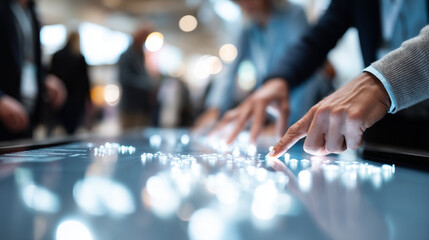 Defocused view of a group of people standing around a luminous digital table, hands interacting with glowing data interfaces, with copy space.