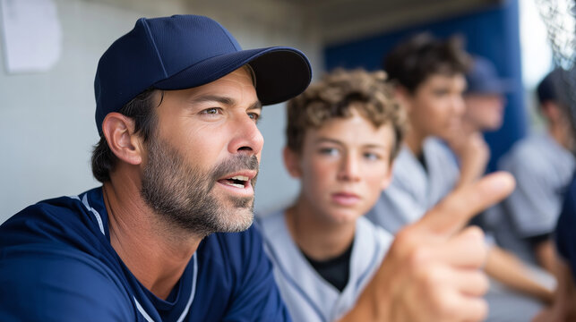 Baseball coach giving instructions to his team in dugout - Powered by Adobe