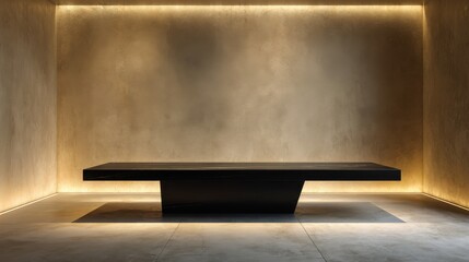 Minimalist black table in a room with warm lighting and concrete walls