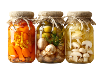 Colorful Assortment of Gourmet Pickled Vegetables and Mushrooms in Rustic Jars isolated on a transparent background