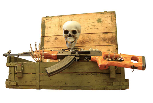 skeleton holding ak 47 inside ammo crate isolated on transparent background