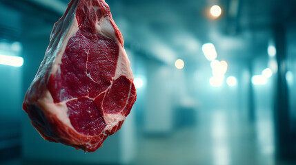 a single fresh red meat cut hanging in a cold storage room. the meat appears mostly clean and fresh, but one small corner shows a very faint, light patch of