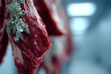 close-up of a single piece of red meat hanging in a clean cold storage room. the meat looks mostly fresh with only a very small, subtle patch of light white-gre