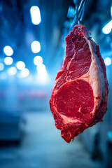  a single fresh red meat cut hanging in a cold storage room. the meat appears mostly clean and fresh, but one small corner shows a very faint, light patch of