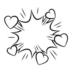 Valentine cartoon explosion with hearts. Romantic speech bubble in comic style. Love greeting card.