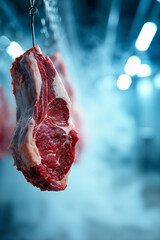 a realistic close-up of a single fresh red meat cut hanging in a cold storage room. the meat appears mostly clean and fresh, but one small corner shows a very faint, light patch of