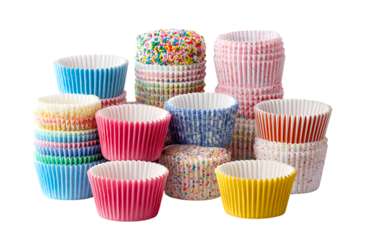 Vibrant Stacks of Assorted Cupcake Liners Ready for Baking and Celebration isolated on a transparent background