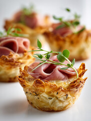food photography, one mini phyllo quiche with lot of fresh turkey ham slices on a white background,