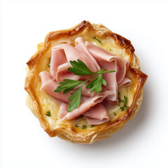 food photography,top view  one mini phyllo quiche with lot of fresh turkey ham slices on a white background, 