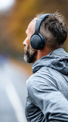 Side view: We see a sporty 45-year-old man jogging. He is wearing large headphones, the background is blurred trees