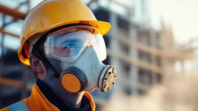Protective Precautions: An individual, donning a respirator and construction helmet, stands vigilant, highlighting the critical role of worker safety within the construction industry.