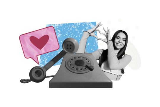 Composite trend artwork sketch image photo collage of valentine day holiday love young lady show finger heart shape landline phone message