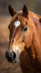 Fototapeta premium A close-up portrait of a chestnut horse. Its head is turned slightly, highlighting the eye, with a white spot on the forehead