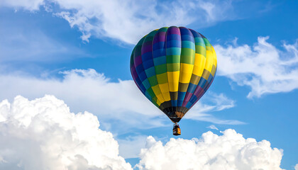 Fototapeta premium Bright colorful balloon floating in blue sky, symbolizing freedom, happiness, and childhood joy