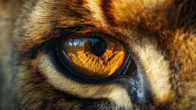 Lion's Gaze: A close-up view of a lion's eye, capturing its intense focus and wild spirit. Its golden-yellow iris reflects the world, revealing the majesty of the animal.