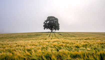 A single tree standing in a foggy field, minimal landscape with mysterious and calm atmosphere