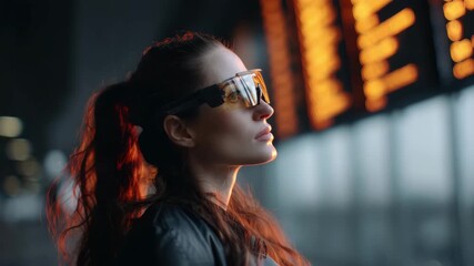A young Caucasian woman with long brown hair and sunglasses gazes upward. She is in a modern airport terminal with illuminated flight information boards in the background.
