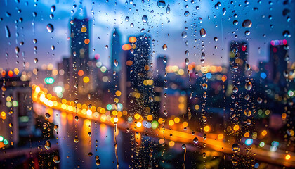 Raindrops on glass window with blurred city lights behind, creating an emotional and cinematic mood