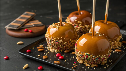 Candy apples with sticks on a rustic dark background