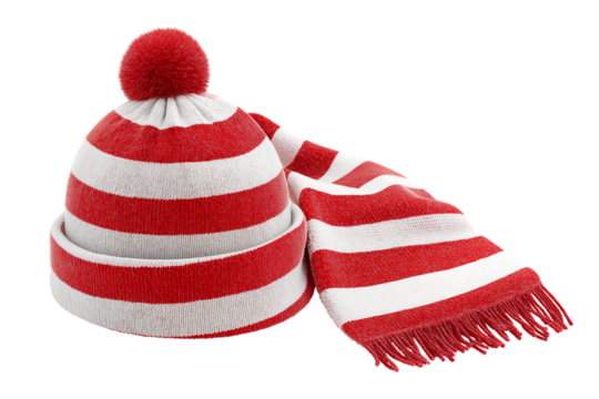 Red and White Striped Winter Hat and Scarf Set with Pom-Pom isolated on a transparent background - Powered by Adobe