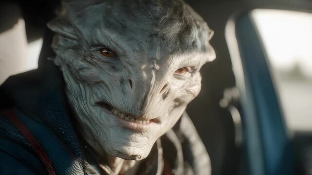 A gray, reptile-like humanoid alien with a ridged face sitting in a car.