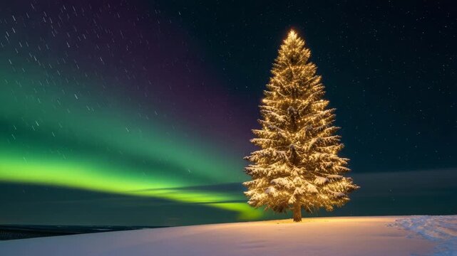Glowing Christmas tree in snowy field under starry sky