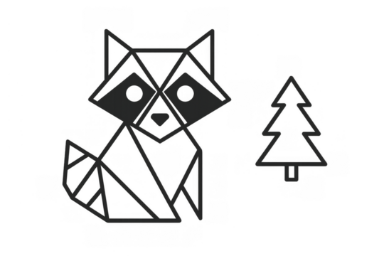 Raccoon and tree geometric outline illustration, simple forest animal line art, minimalist wilderness character design