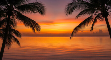 Vibrant Tropical Sunset Framed by Palm Tree Silhouettes Reflected on Calm Ocean Water