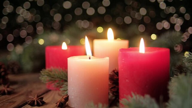 Tranquil Christmas mood with four candles. Advent candleflames with fir branches and glittering lights in dark ambience 