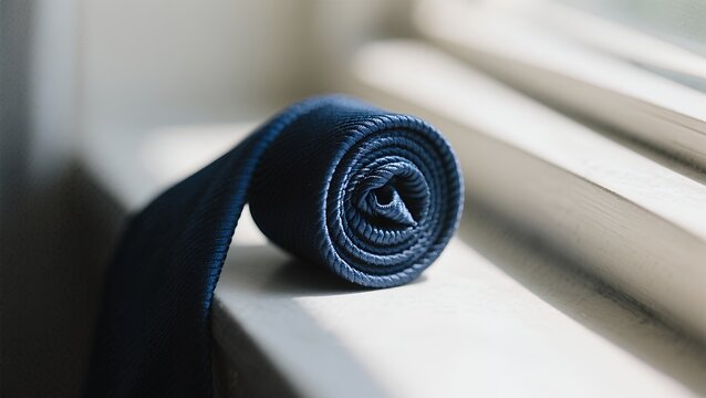 A dark blue necktie is neatly rolled up and placed on a white window sill, illuminated by natural light.
