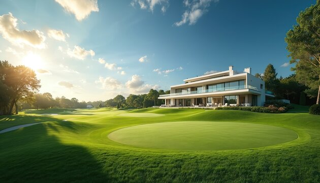 Modern luxury mansion with large glass windows sits on manicured golf course. Rich green grass fields spread under bright blue sky with sunlit clouds. Expansive estate home designed for wealthy