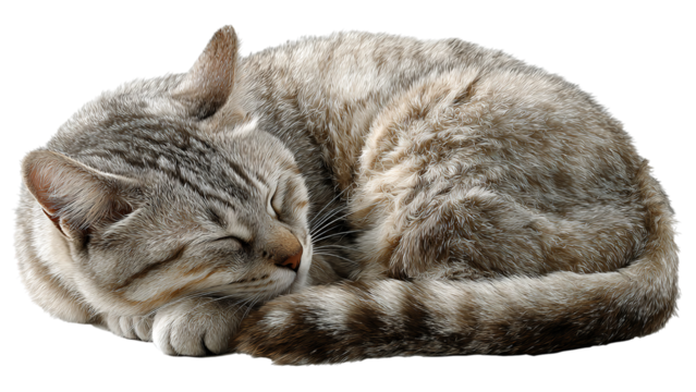 a peaceful gray tabby cat curled up in a snug sleeping position, showcasing its soft fur and relaxed demeanor on a transparent background
