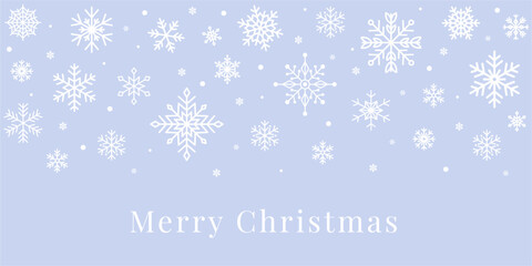 Merry Christmas background with white snowflakes on light blue. Soft winter greeting in minimal festive style. Vector illustration.