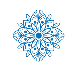 Symmetric cyan floral figure with intricate leaf patterns unfolds centrally across white background