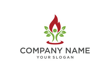 Abstract Human Tree Logo with Green Leaves and Red Flame Symbolizing Growth and Energy
