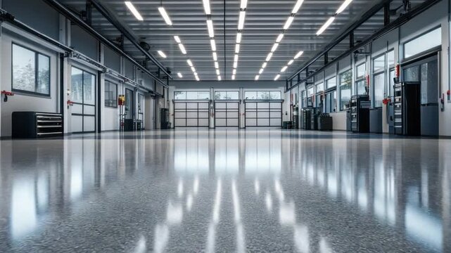 Industrial Hall: A spacious and contemporary industrial hall is revealed with a vast, polished concrete floor reflecting the overhead lighting, doors and other objects.