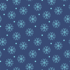 White snowflakes seamless pattern on blue background. Minimal winter texture for Christmas wrapping and packaging. Vector illustration.